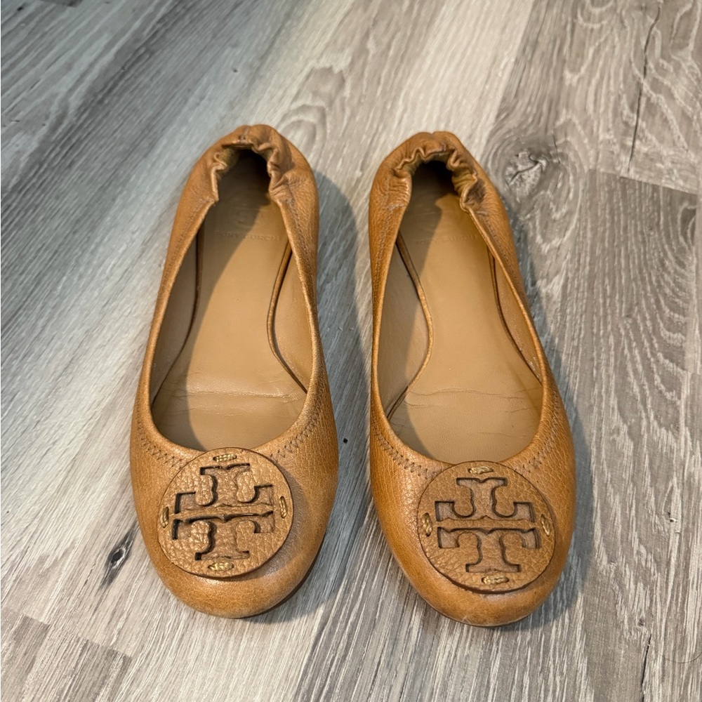 Tory Burch Reva Tan Leather Ballet Flats